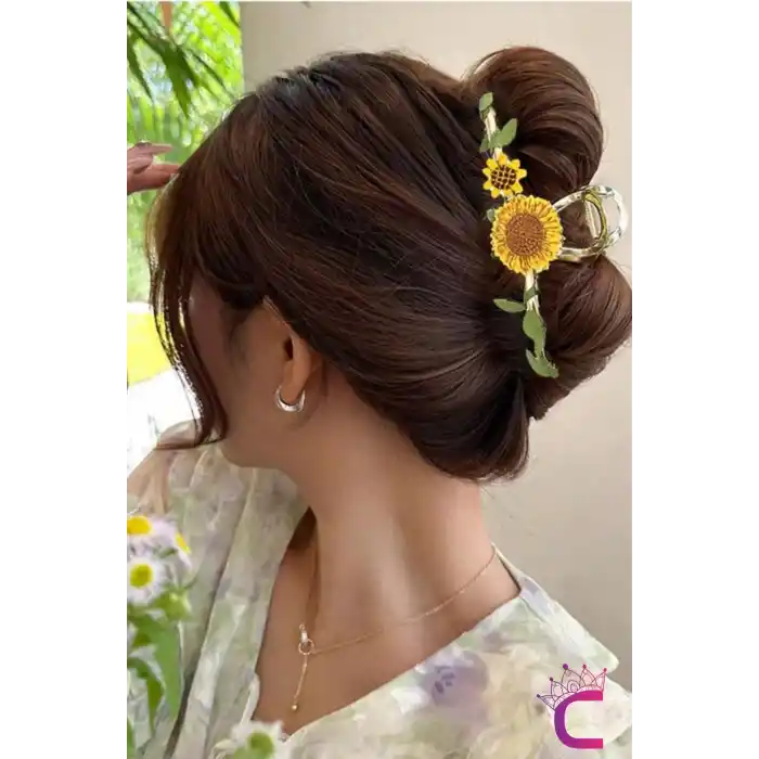 Örgü Ayçiçeği Sarmaşık Yapraklı Tasarım Çiçekli Kadın Mandal Toka Metal Gold - Zarif Saç Tokası