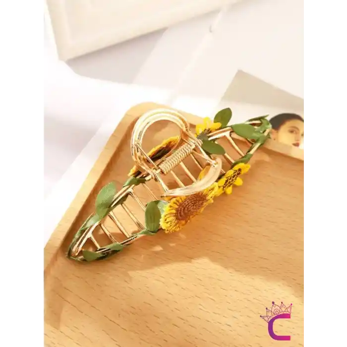 Örgü Ayçiçeği Sarmaşık Yapraklı Tasarım Çiçekli Kadın Mandal Toka Metal Gold - Zarif Saç Tokası