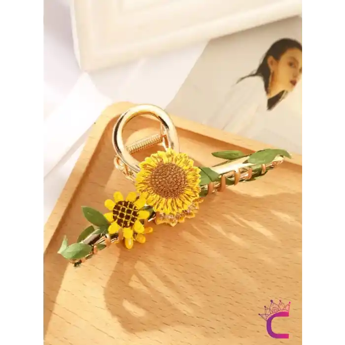 Örgü Ayçiçeği Sarmaşık Yapraklı Tasarım Çiçekli Kadın Mandal Toka Metal Gold - Zarif Saç Tokası