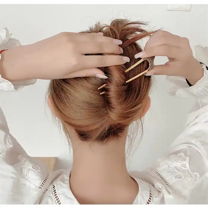 Oval Beyaz Detaylı Metal Topuz Tokası - Çubuk Saç Tokası - Saç Çubuğu