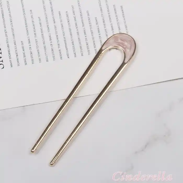 Oval Pembe & Beyaz Detaylı Metal Topuz Tokası - Çubuk Saç Tokası - Saç Çubuğu