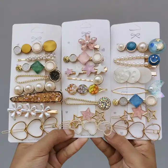 Özel 8li Kadın İç İçe Kalpli İnci Taşlı Toka Seti - Yeni Sezon Pens Çıtçıtlı Klips Yan Saç Tokası