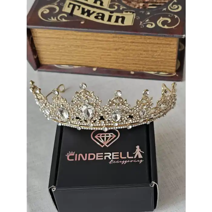 Özel Seri Kristal Su Damlası Zirkon Taşlı Prenses Gelin Tacı Gold - Kraliçe Helen Düğün Nikah Taç