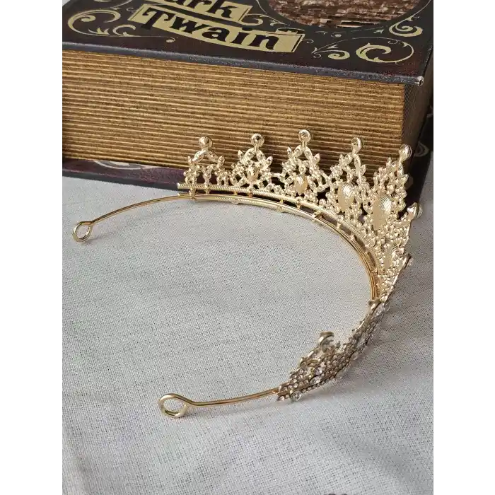 Özel Seri Kristal Su Damlası Zirkon Taşlı Prenses Gelin Tacı Gold - Kraliçe Helen Düğün Nikah Taç