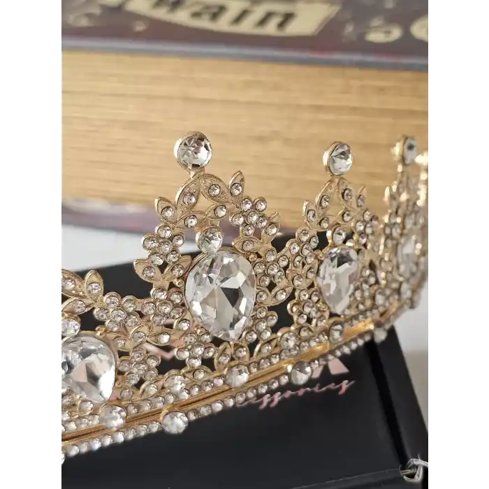 Özel Seri Kristal Su Damlası Zirkon Taşlı Prenses Gelin Tacı Gold - Kraliçe Helen Düğün Nikah Taç