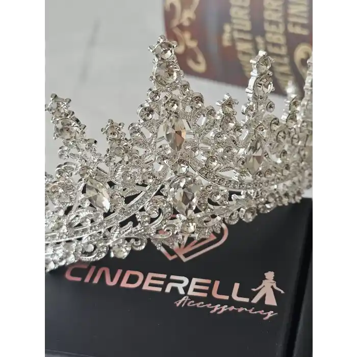 Özel Seri Zirkon İşlemeli Kristal Taşlı Prenses Gelin Tacı Gümüş - Kraliçe Helen Düğün Nişan Taç