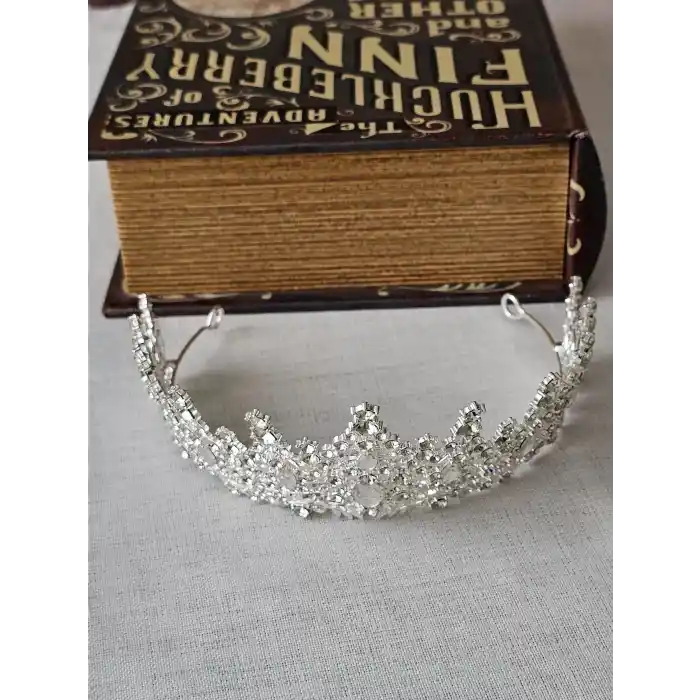 Özel Seri Zirkon İşlemeli Kristal Taşlı Prenses Gelin Tacı Gümüş - Kraliçe Helen Düğün Nişan Taç