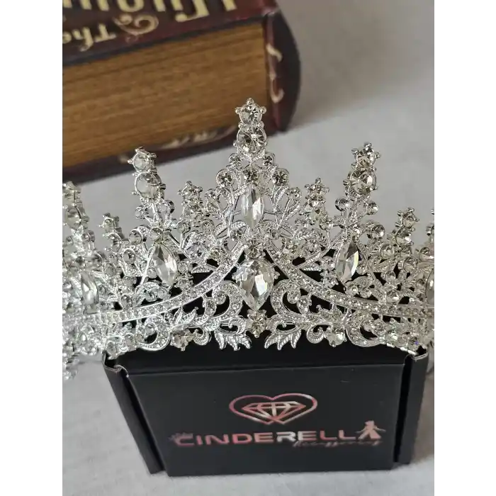 Özel Seri Zirkon İşlemeli Kristal Taşlı Prenses Gelin Tacı Gümüş - Kraliçe Helen Düğün Nişan Taç