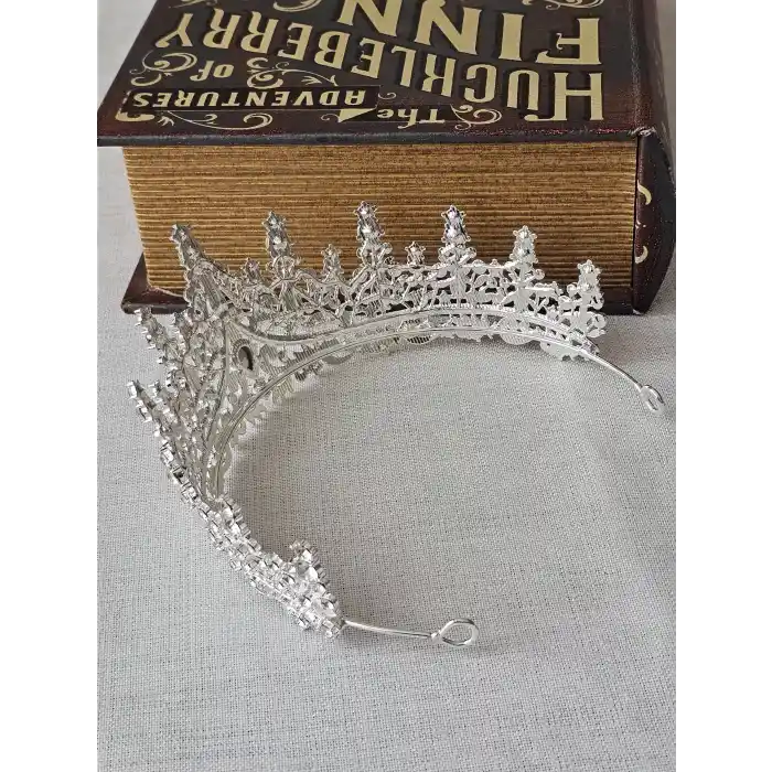 Özel Seri Zirkon İşlemeli Kristal Taşlı Prenses Gelin Tacı Gümüş - Kraliçe Helen Düğün Nişan Taç