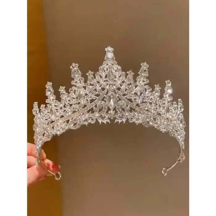 Özel Seri Zirkon İşlemeli Kristal Taşlı Prenses Gelin Tacı Gümüş - Kraliçe Helen Düğün Nişan Taç