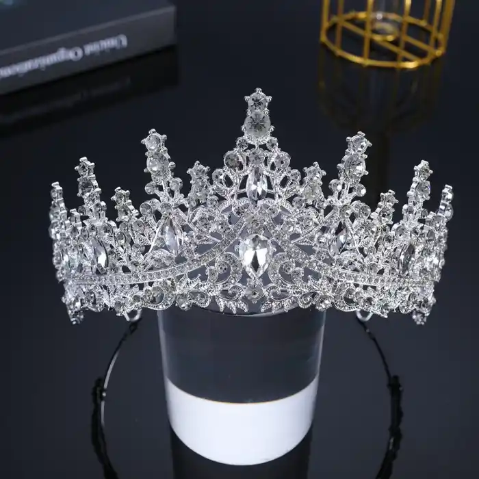 Özel Seri Zirkon İşlemeli Kristal Taşlı Prenses Gelin Tacı Gümüş - Kraliçe Helen Düğün Nişan Taç