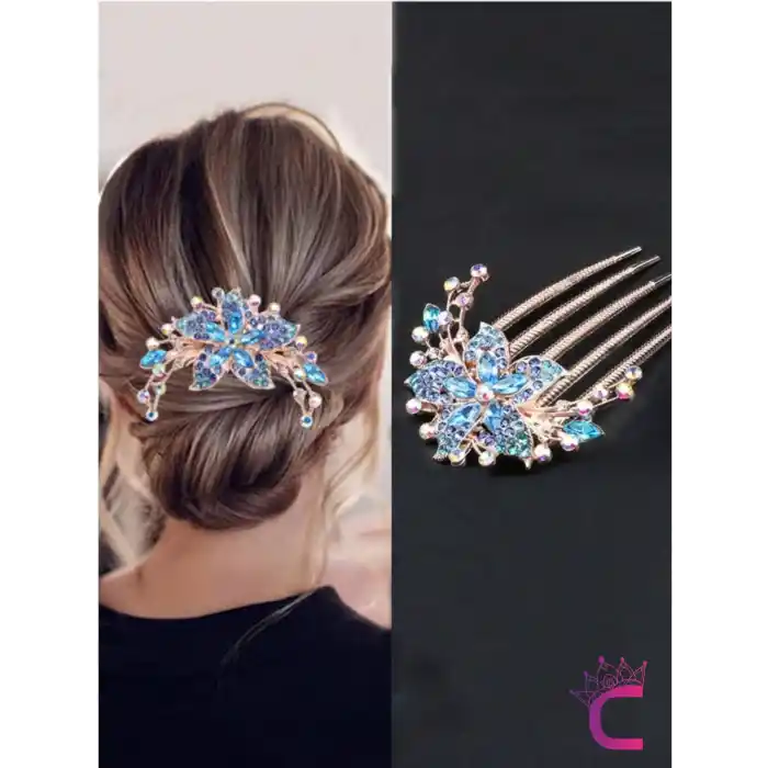 Özel Tasarım Rhine-Stone Kristal Taşlı Taraklı Saç Topuz Tokası Bebek Mavi - Zarif Kadın Tarak Toka