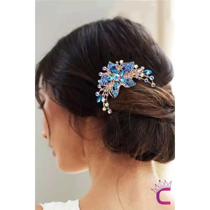 Özel Tasarım Rhine-Stone Kristal Taşlı Taraklı Saç Topuz Tokası Bebek Mavi - Zarif Kadın Tarak Toka