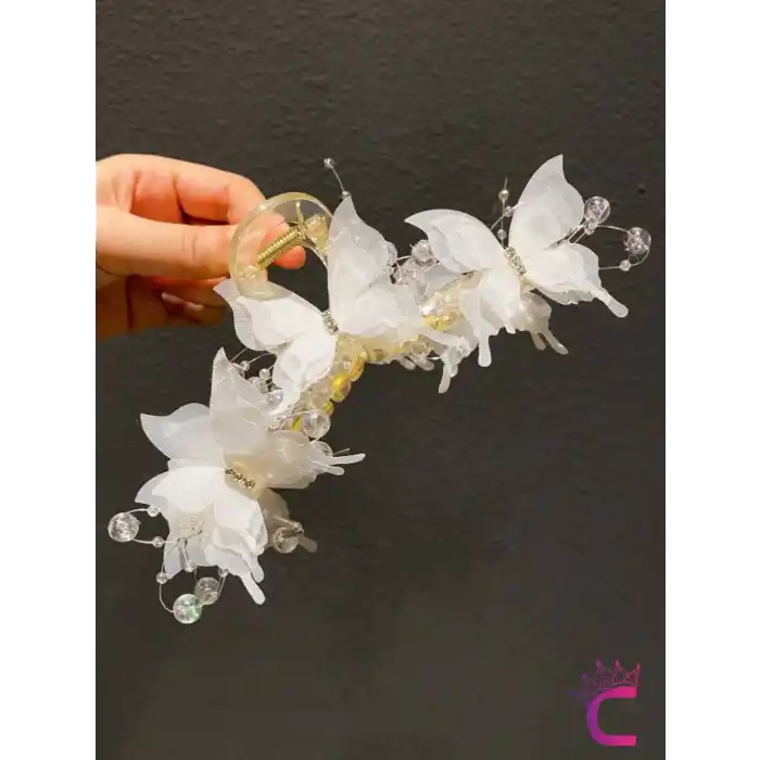 Özel Tasarım Şık Kadın Beyaz Tüllü Taşlı Kelebek Toka 13cm - Büyük Boy Mandallı Saç Topuz Tokası