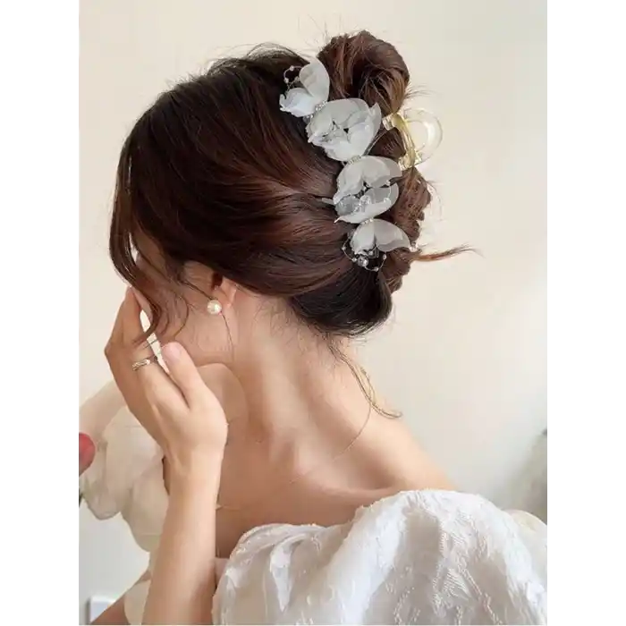 Özel Tasarım Şık Kadın Beyaz Tüllü Taşlı Kelebek Toka 13cm - Büyük Boy Mandallı Saç Topuz Tokası