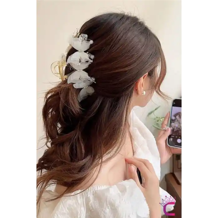 Özel Tasarım Şık Kadın Beyaz Tüllü Taşlı Kelebek Toka 13cm - Büyük Boy Mandallı Saç Topuz Tokası