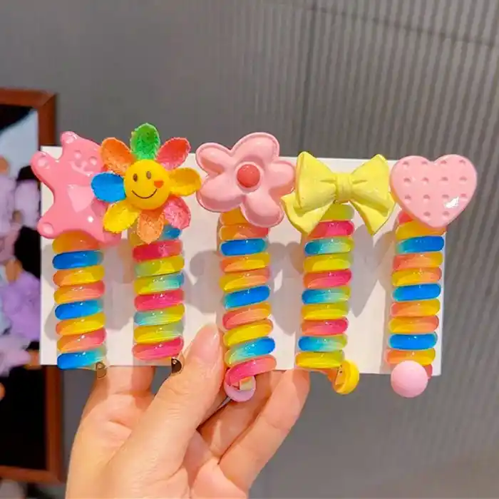 Papatya Model Burgu Yaylı Makarna Toka - Gökkuşağı Renkli Spiral Lastik Saç Tokası