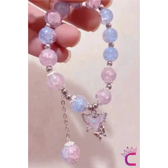 Pembe Aytaşı Boncuklu Zirkon Taşlı Kelebekli Kız Çocuk Bileklik - Hediyelik Takı Aksesuar
