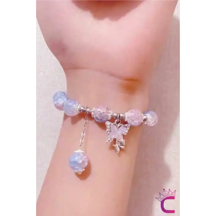 Pembe Aytaşı Boncuklu Zirkon Taşlı Kelebekli Kız Çocuk Bileklik - Hediyelik Takı Aksesuar