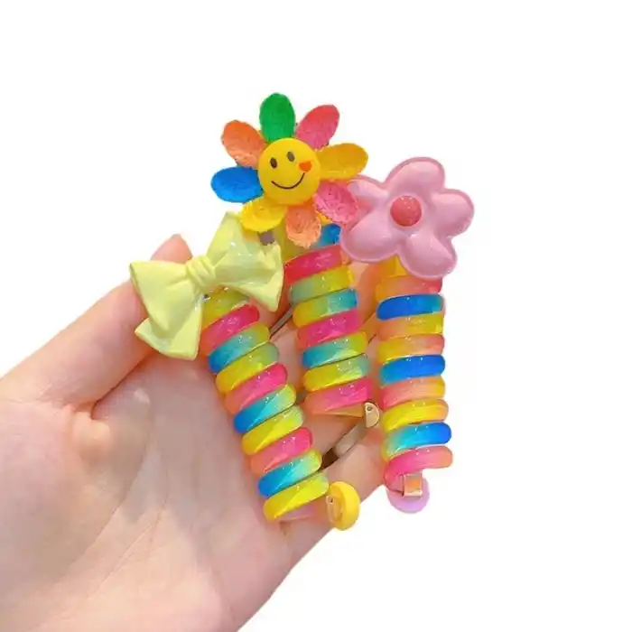 Pembe Çiçek Model Burgu Yaylı Makarna Toka - Gökkuşağı Renkli Spiral Lastik Saç Tokası