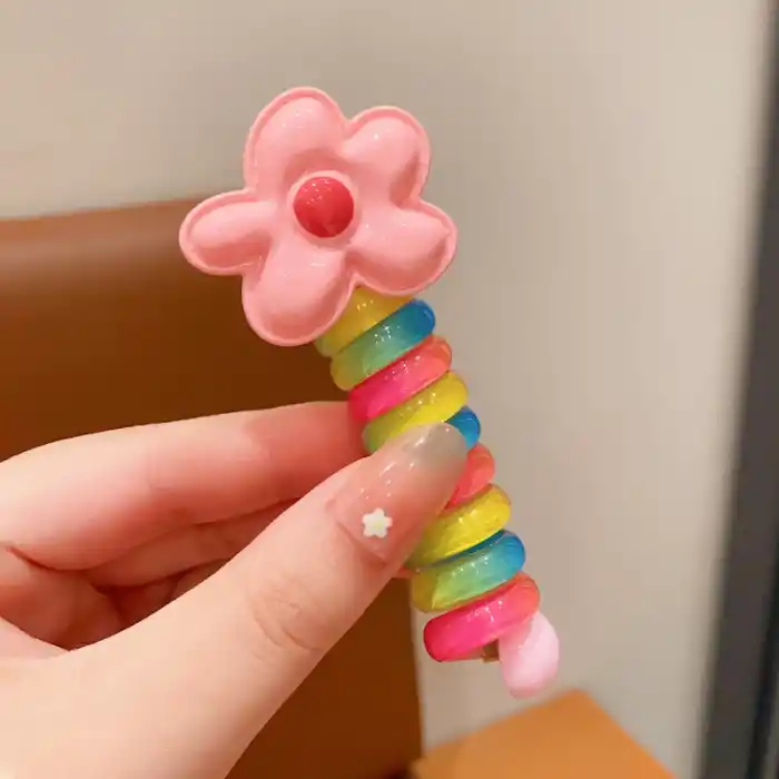 Pembe Çiçek Model Burgu Yaylı Makarna Toka - Gökkuşağı Renkli Spiral Lastik Saç Tokası