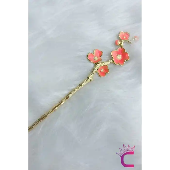 Pembe Çiçek Tomurcuk Tasarım Japon Topuz Çubuğu 18cm - Kadın Metal Saç Topuz Tokası Çubuk Toka