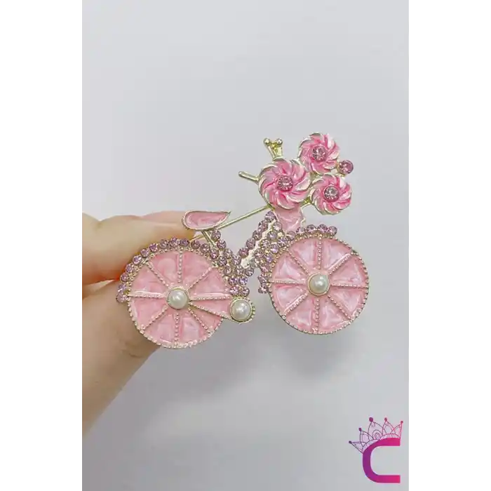 Pembe Çiçekli Kristal Taşlı İncili Bisiklet Tasarım Broş - Hediyelik Tatil Elbise Yaka İğnesi Broşu