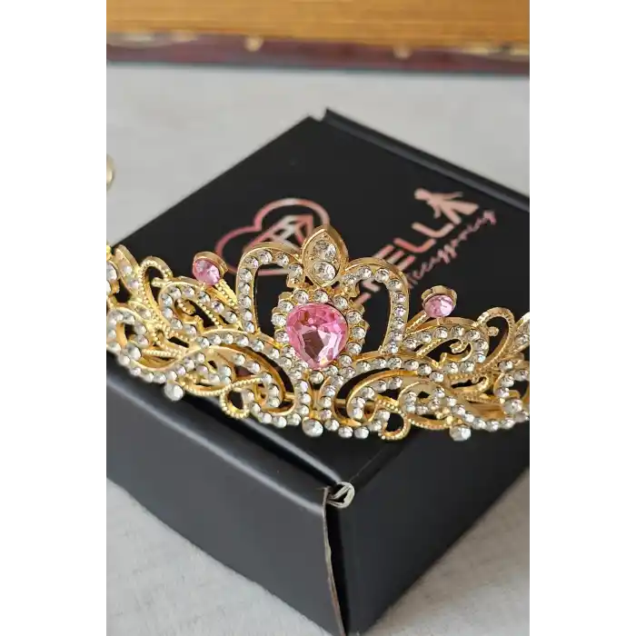 Pembe Kristal Taşlı Zirkon İşlemeli Prenses Gelin Tacı - Düğün Kına Nikah Nişan Söz Doğum Günü Taç