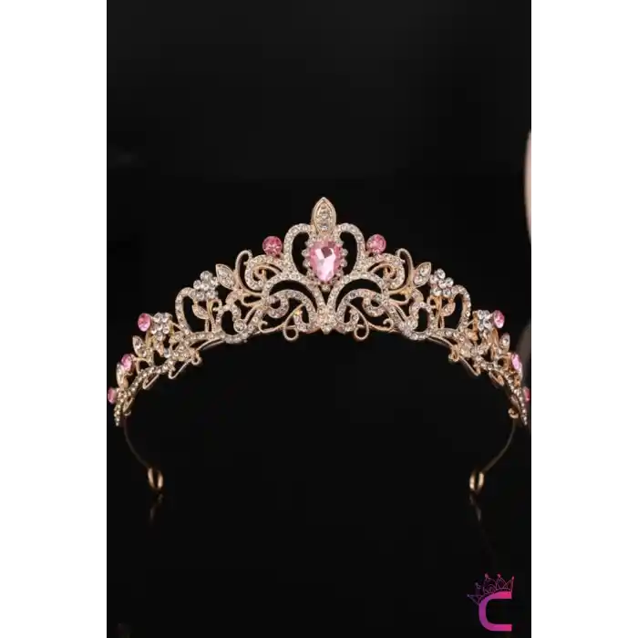 Pembe Kristal Taşlı Zirkon İşlemeli Prenses Gelin Tacı - Düğün Kına Nikah Nişan Söz Doğum Günü Taç