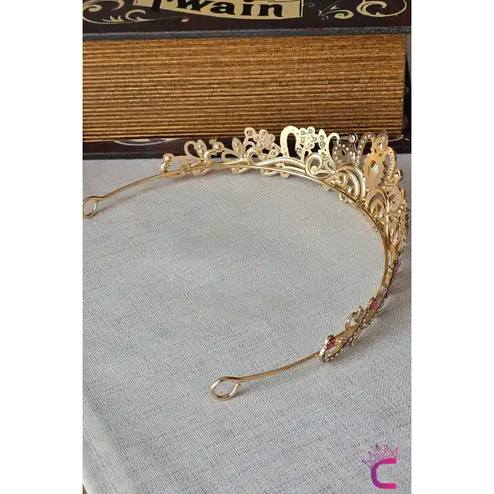 Pembe Kristal Taşlı Zirkon İşlemeli Prenses Gelin Tacı - Düğün Kına Nikah Nişan Söz Doğum Günü Taç