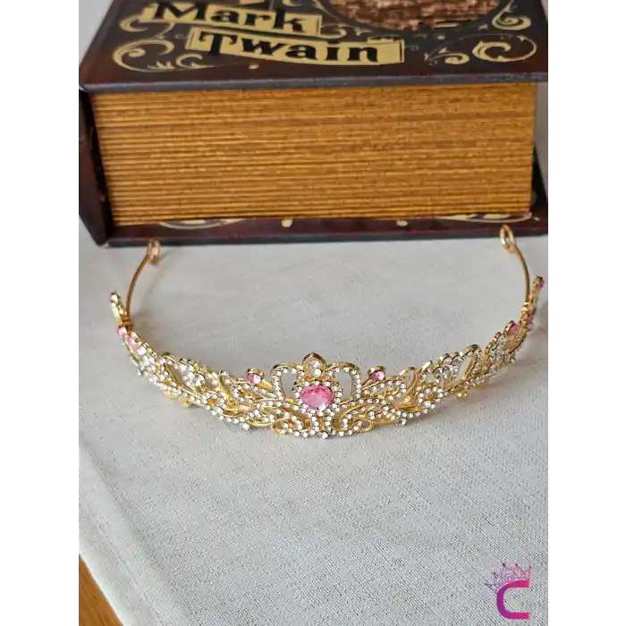 Pembe Kristal Taşlı Zirkon İşlemeli Prenses Gelin Tacı - Düğün Kına Nikah Nişan Söz Doğum Günü Taç
