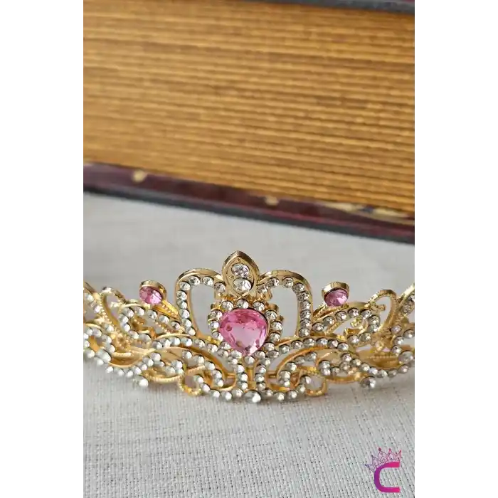 Pembe Kristal Taşlı Zirkon İşlemeli Prenses Gelin Tacı - Düğün Kına Nikah Nişan Söz Doğum Günü Taç