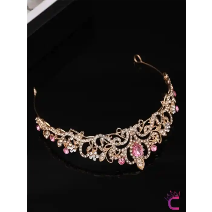 Pembe Kristal Taşlı Zirkon İşlemeli Prenses Gelin Tacı - Düğün Kına Nikah Nişan Söz Doğum Günü Taç
