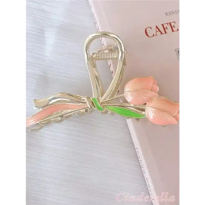 Pembe Lale Çiçekli Model Zarif Kadın Metal Mandal Toka 11cm Gold - Şık Mandallı Saç Topuz Tokası