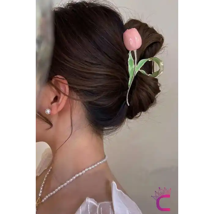 Pembe Lale Çiçekli Tasarım Büyük Kadın Metal Mandal Toka 11.5cm - Zarif Mandallı Saç Topuz Tokası