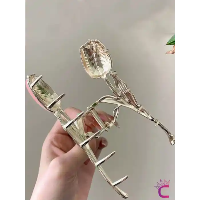 Pembe Lale Çiçekli Tasarım Büyük Kadın Metal Mandal Toka 11.5cm - Zarif Mandallı Saç Topuz Tokası