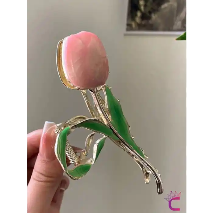 Pembe Lale Çiçekli Tasarım Büyük Kadın Metal Mandal Toka 11.5cm - Zarif Mandallı Saç Topuz Tokası
