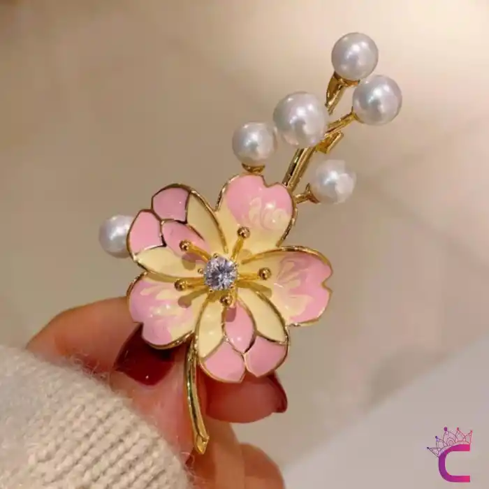 Pembe Sarı Çiçekli Beyaz İncili Zirkon Taşlı Kadın Broş - Hediyelik Elbise Ceket Yaka İğnesi Rozet