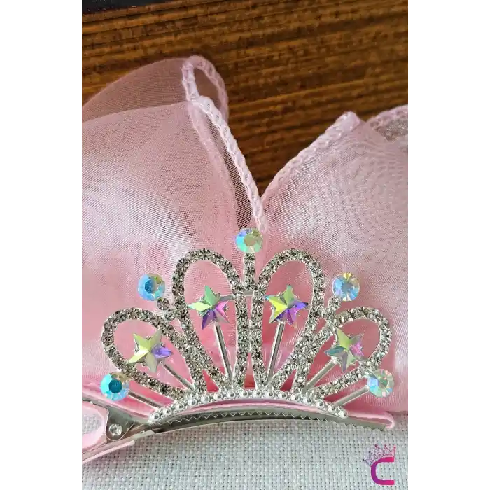 Pembe Tonlu Yıldızlı Zirkon Taşlı Kız Çocuk Prenses Tacı Pens Toka Parti Doğum Günü Taç Saç Tokası