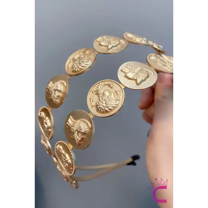 Relief Icon Figürlü Kadın Saç Tacı Gold Renk - Zarif Kadın Taç Saç Bandı