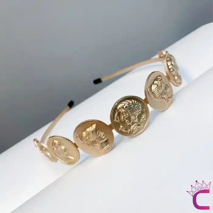 Relief Icon Figürlü Kadın Saç Tacı Gold Renk - Zarif Kadın Taç Saç Bandı