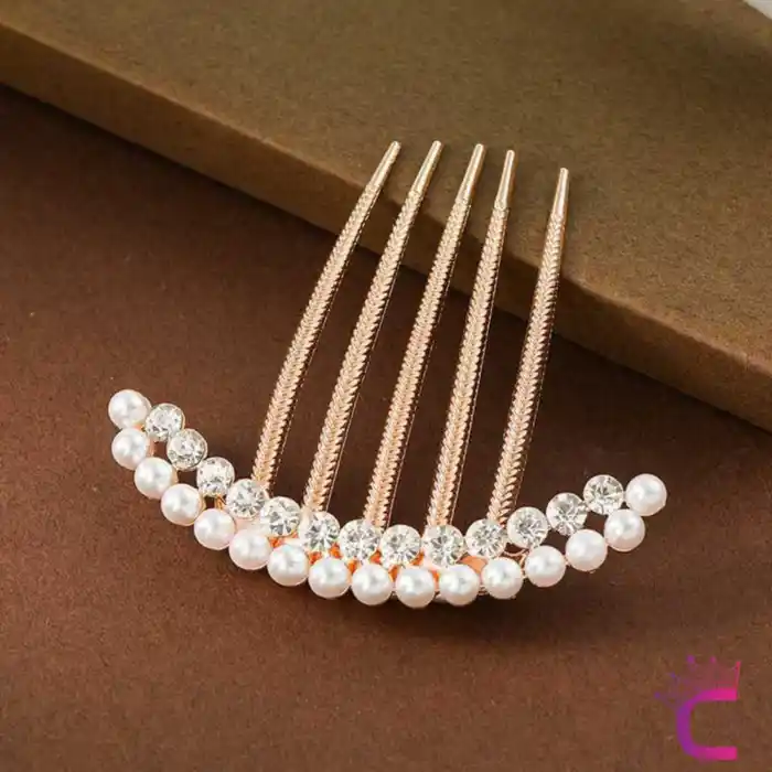 Rhine-Stone İncili Taşlı Gold Taraklı Saç Topuz Tokası - Hediyelik Kadın Gelin Düğün Tarak Toka