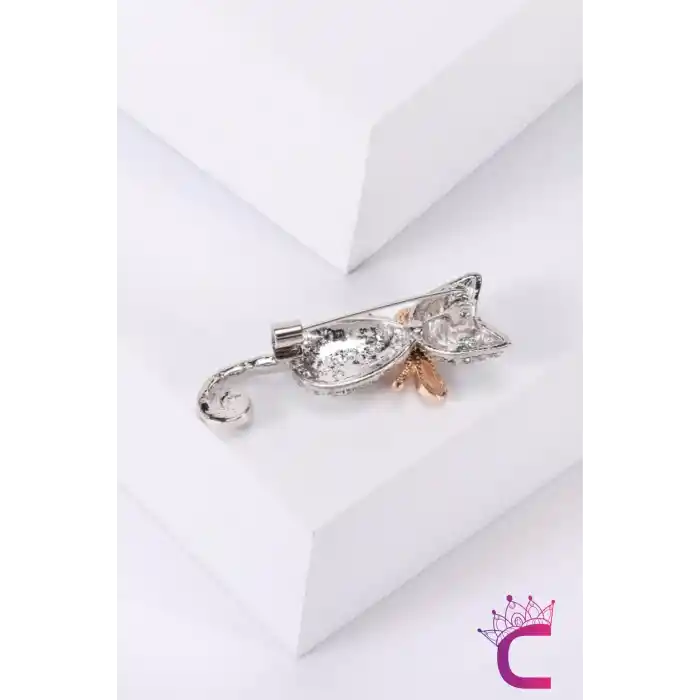 Rhine-Stone Taşlı Kedi Tasarım Kadın Broş - Şık Günlük Kıyafet Elbise Ceket Yaka İğnesi Broşu