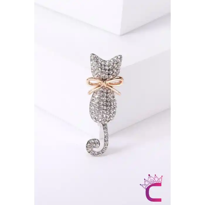 Rhine-Stone Taşlı Kedi Tasarım Kadın Broş - Şık Günlük Kıyafet Elbise Ceket Yaka İğnesi Broşu