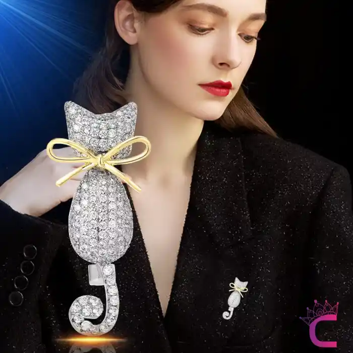 Rhine-Stone Taşlı Kedi Tasarım Kadın Broş - Şık Günlük Kıyafet Elbise Ceket Yaka İğnesi Broşu