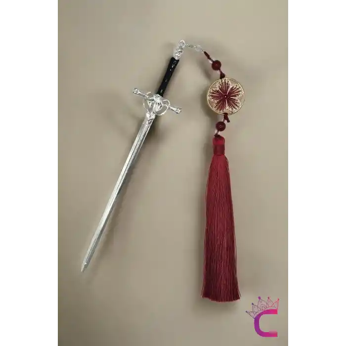 Sallantılı Bordo Püsküllü Kılıç Tasarım Metal Saç Topuz Tokası 20cm - Gümüş Vintage Çubuk Topuz Toka