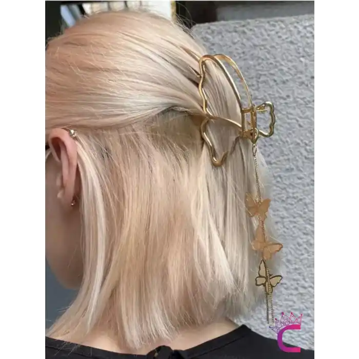 Sallantılı Kelebekli Orta Boy Kadın Metal Mandal Toka 8cm - Zarif ve Şık Mandallı Saç Topuz Tokası