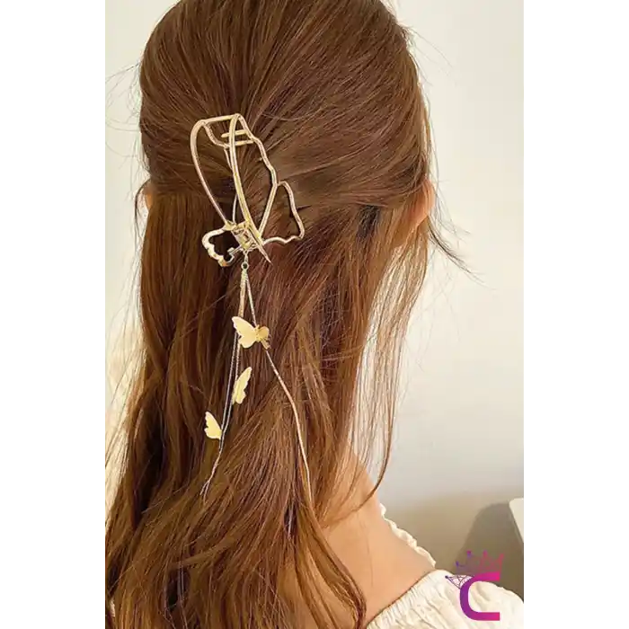 Sallantılı Kelebekli Orta Boy Kadın Metal Mandal Toka 8cm - Zarif ve Şık Mandallı Saç Topuz Tokası