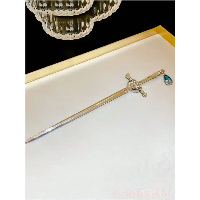 Sallantılı Mavi Yapay Elmaslı Kılıç Tasarım Metal Topuz Tokası 20cm - Kadın Modern Çubuk Saç Toka