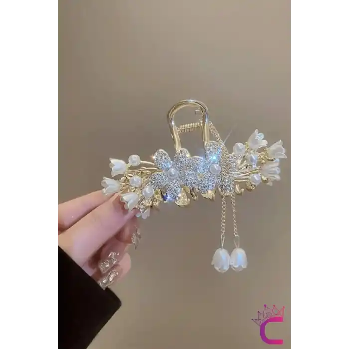 Sallantılı Sedef Çiçekli İncili Taşlı Gold Metal Kadın Mandal Toka 11cm - Mandallı Saç Topuz Tokası